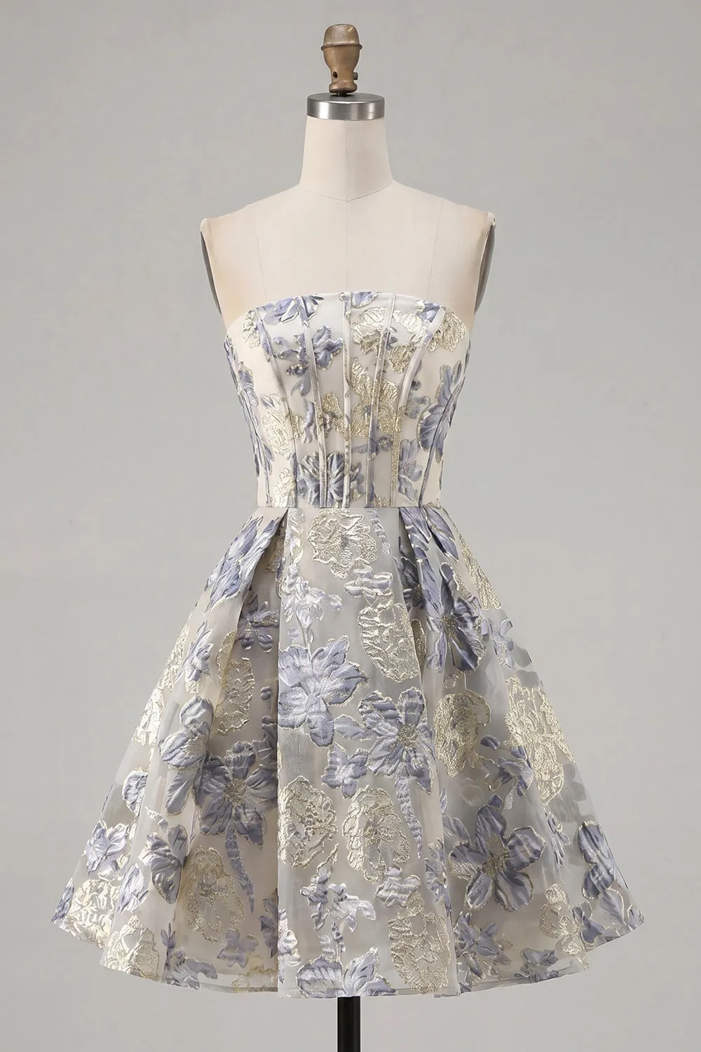 Dusty Blue A Line Corset Strapless Floral Short Homecoming Dress sold by Zapaka