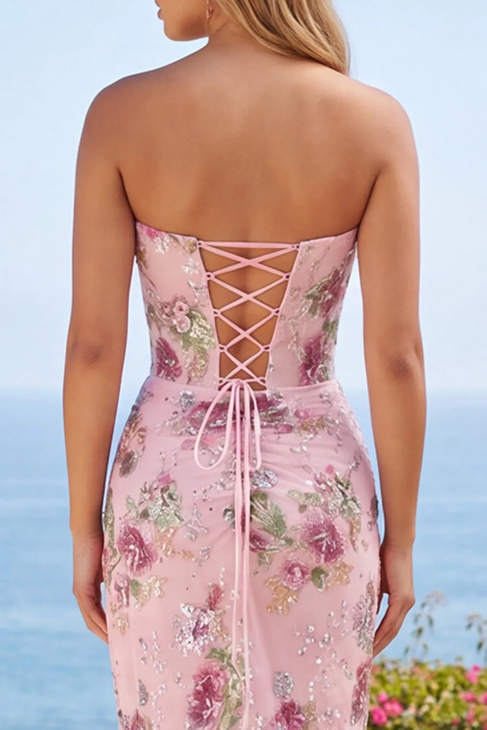 Pink Floral Corset Bodycon Sequin Short Homecoming Dress with Slit sold by Zapaka product image thumbnail 4