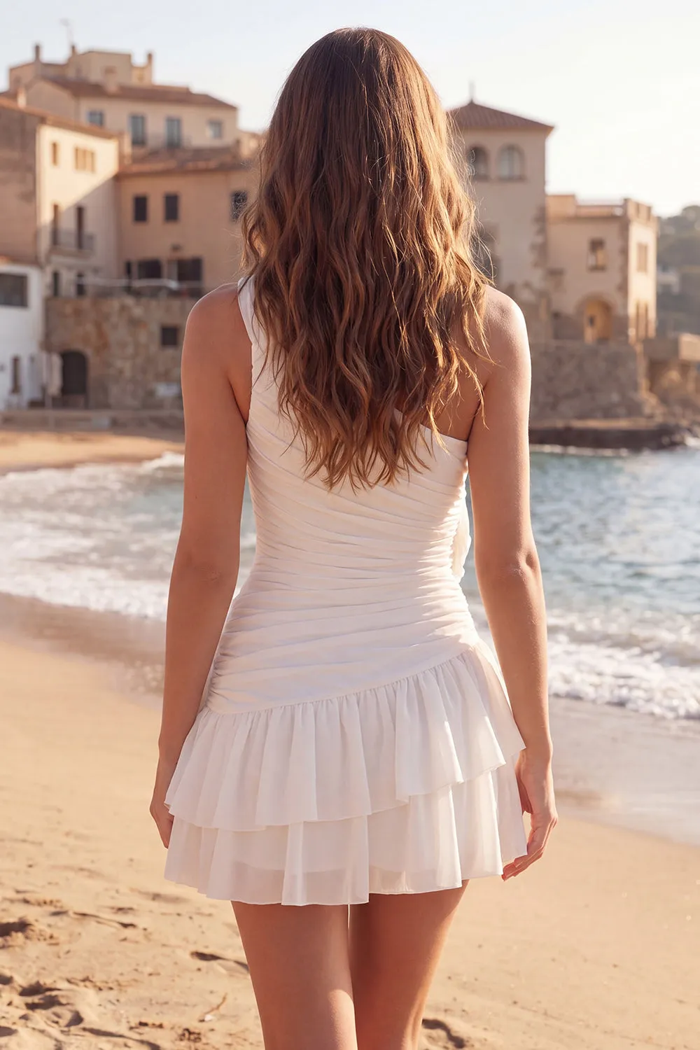 Ruffled One Shoulder Short Ivory Ruched Graduation Dress with 3D Flowers sold by Zapaka product image thumbnail 2