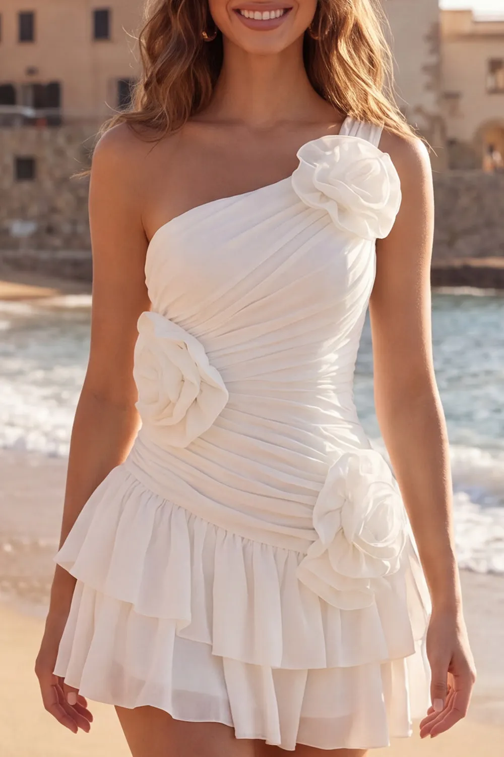 Ruffled One Shoulder Short Ivory Ruched Graduation Dress with 3D Flowers sold by Zapaka product image thumbnail 3
