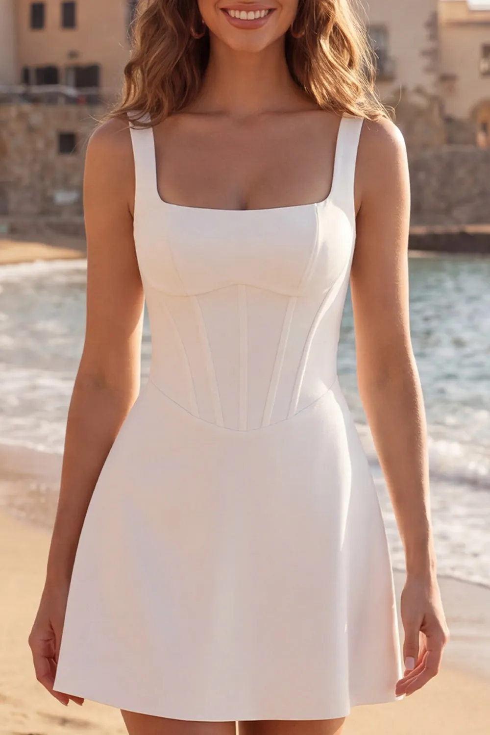 Square Neck Ivory Corset A Line Short Graduation Dress sold by Zapaka product image thumbnail 3