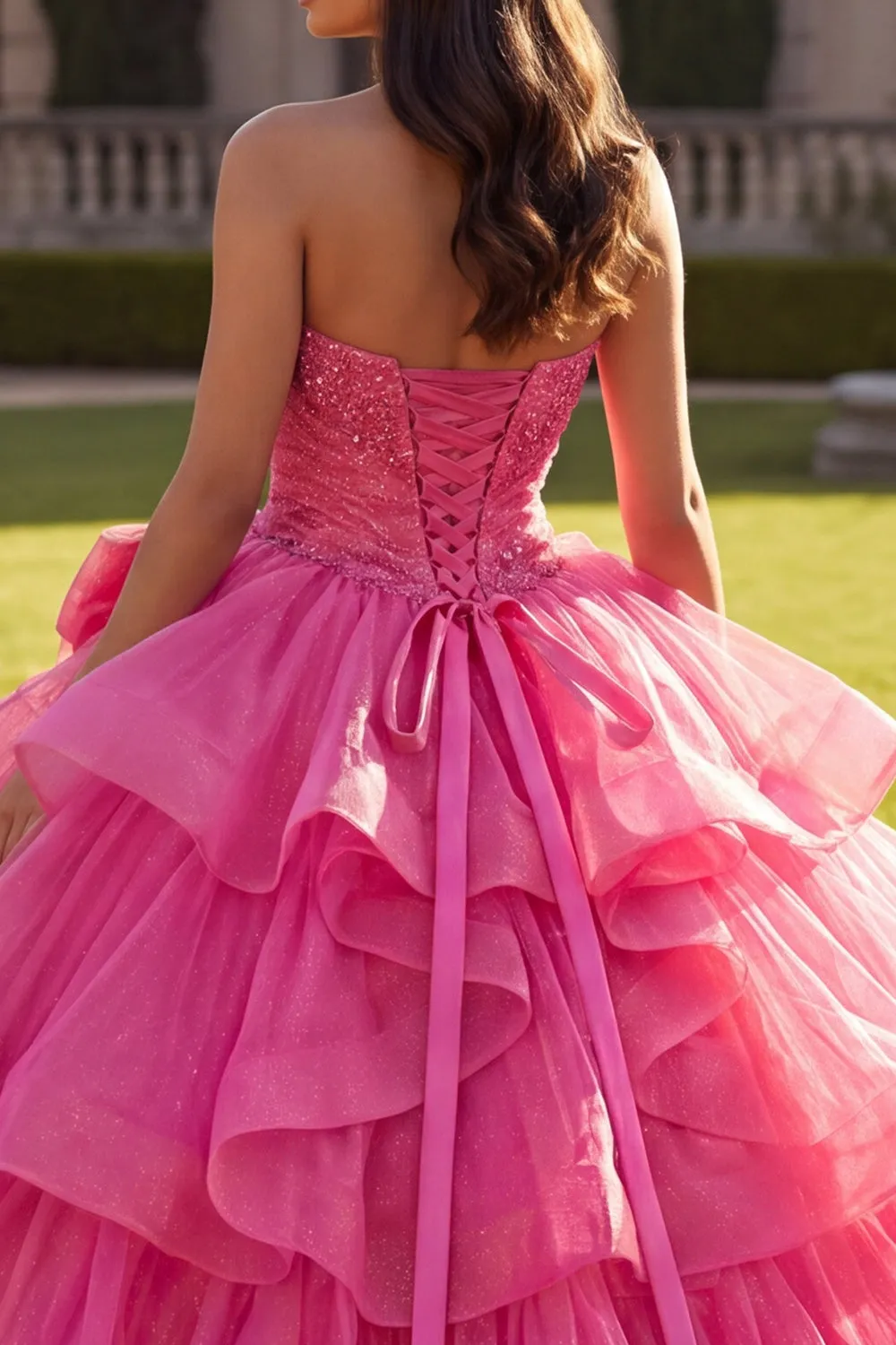 Halter Fuchsia Ruffled Ball-Gown Quinceanera Dress with Bow sold by Zapaka product image thumbnail 4