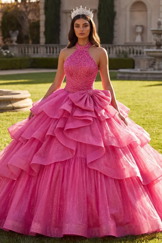 Halter Fuchsia Ruffled Ball-Gown Quinceanera Dress with Bow made by Zapaka