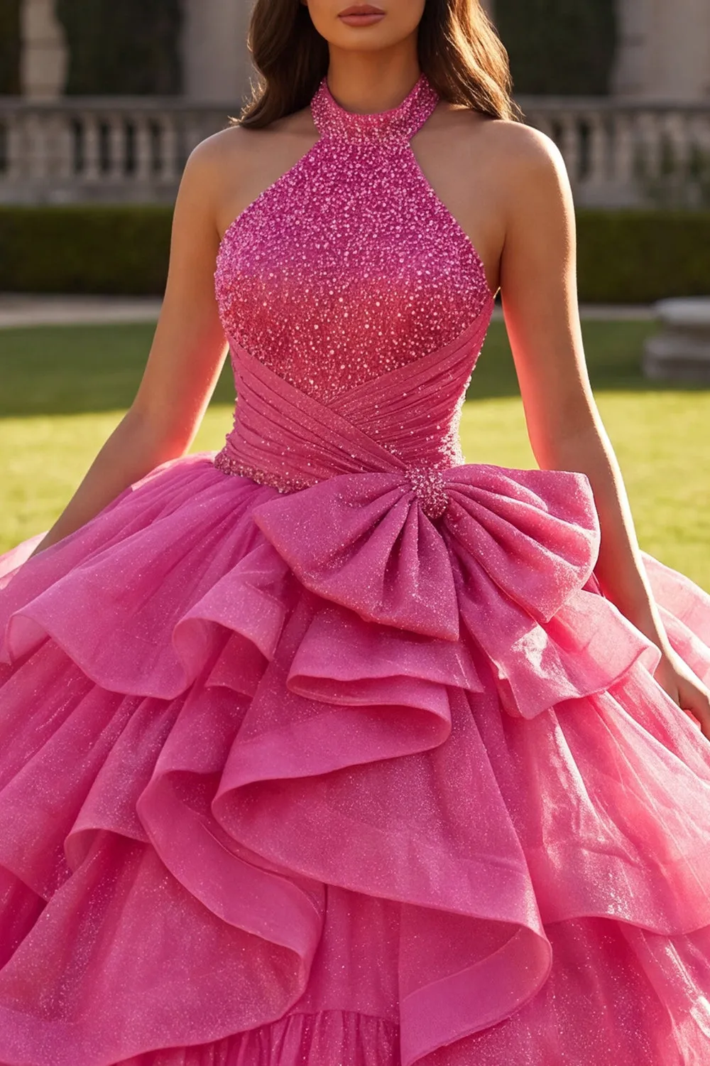 Halter Fuchsia Ruffled Ball-Gown Quinceanera Dress with Bow sold by Zapaka product image thumbnail 3