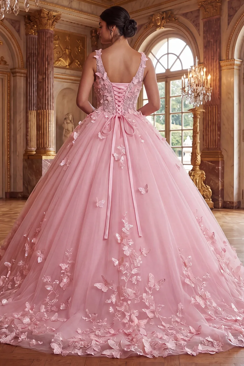 Pink V-Neck Ball-Gown Appliqued Quinceanera Dress sold by Zapaka product image thumbnail 2