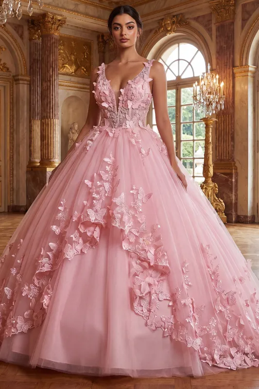 Pink V-Neck Ball-Gown Appliqued Quinceanera Dress made by Zapaka