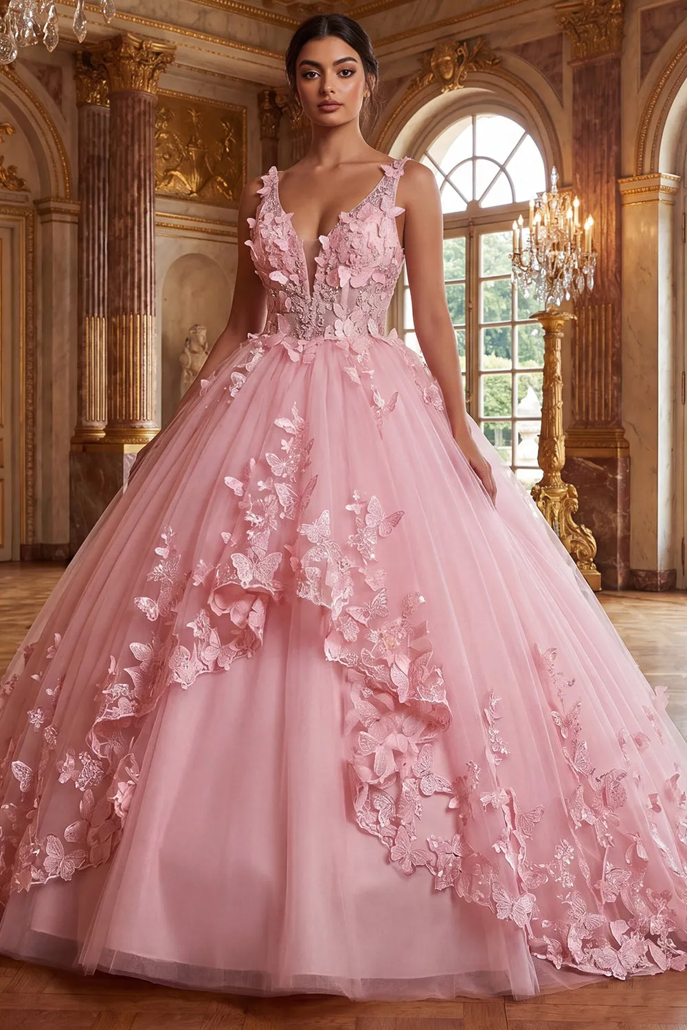 Pink V-Neck Ball-Gown Appliqued Quinceanera Dress sold by Zapaka
