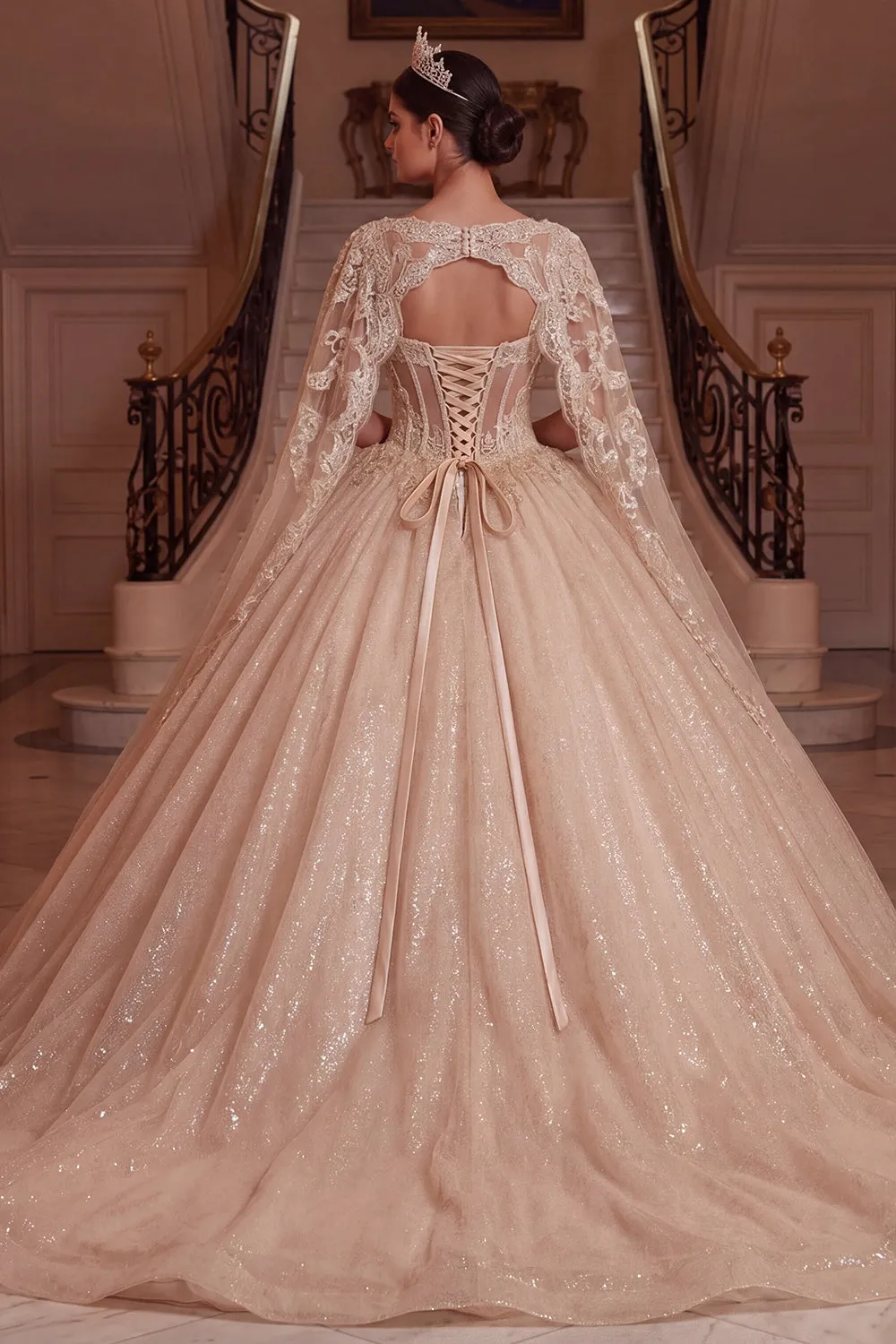 Champagne V-Neck Corset Ball-Gown Quinceanera Dress with Cape Sleeves sold by Zapaka product image thumbnail 2