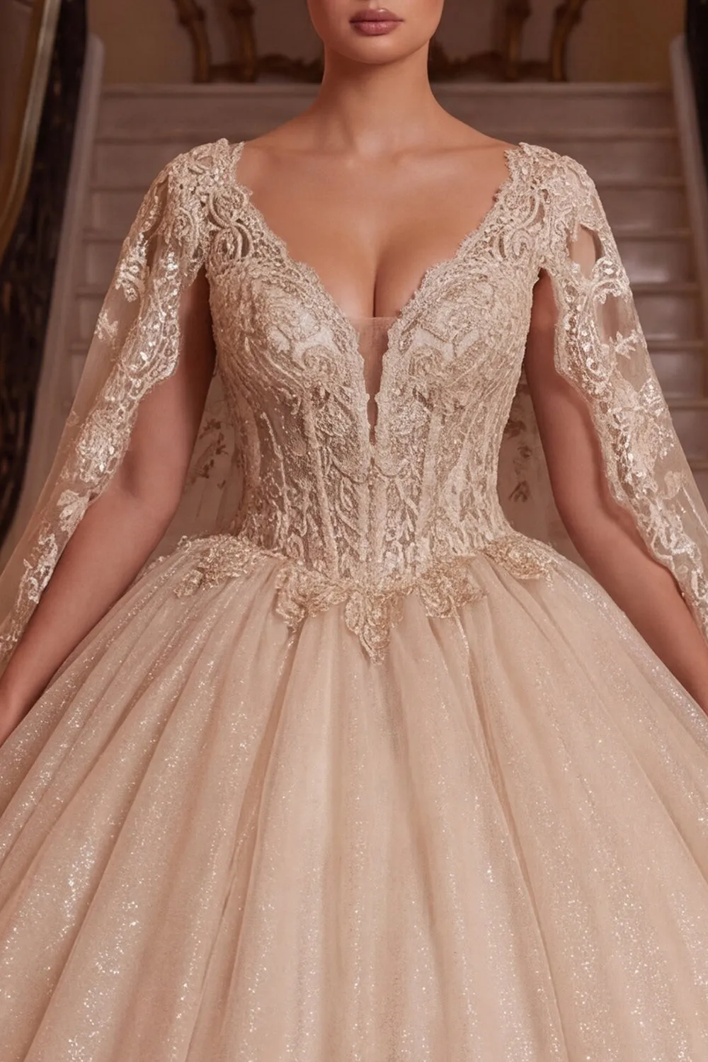 Champagne V-Neck Corset Ball-Gown Quinceanera Dress with Cape Sleeves sold by Zapaka product image thumbnail 3