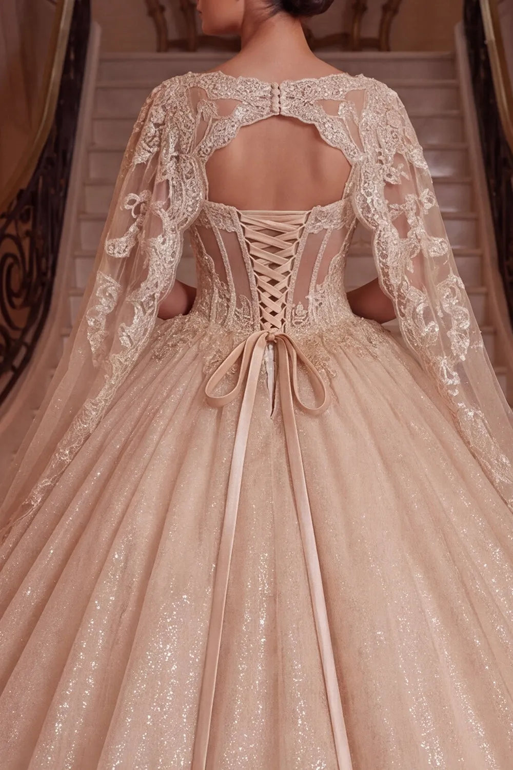 Champagne V-Neck Corset Ball-Gown Quinceanera Dress with Cape Sleeves sold by Zapaka product image thumbnail 4