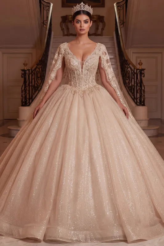 Champagne V-Neck Corset Ball-Gown Quinceanera Dress with Cape Sleeves made by Zapaka