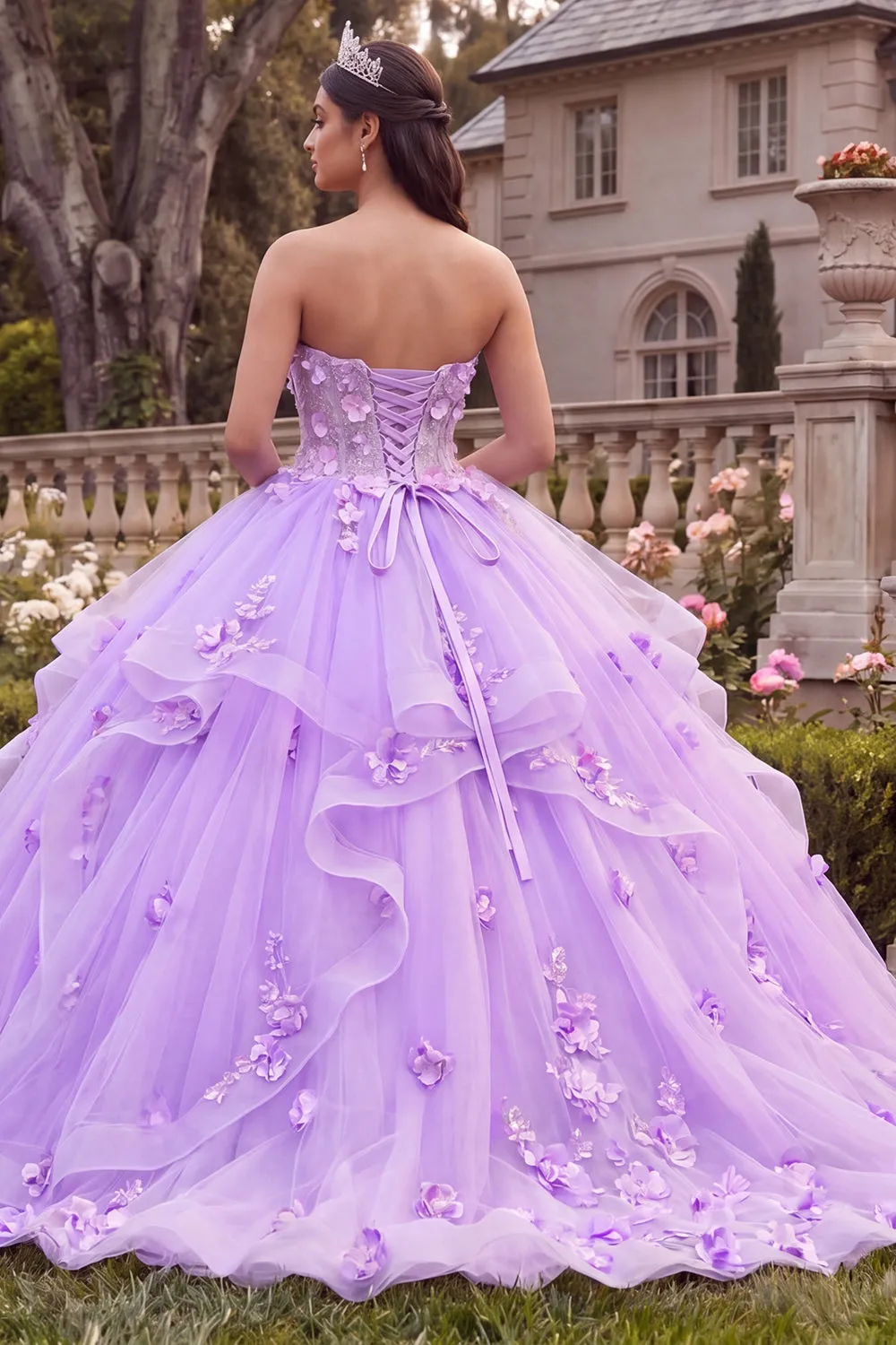 Strapless Lilac Ruffled Ball-Gown Quinceanera Dress with 3D Flowers sold by Zapaka product image thumbnail 2