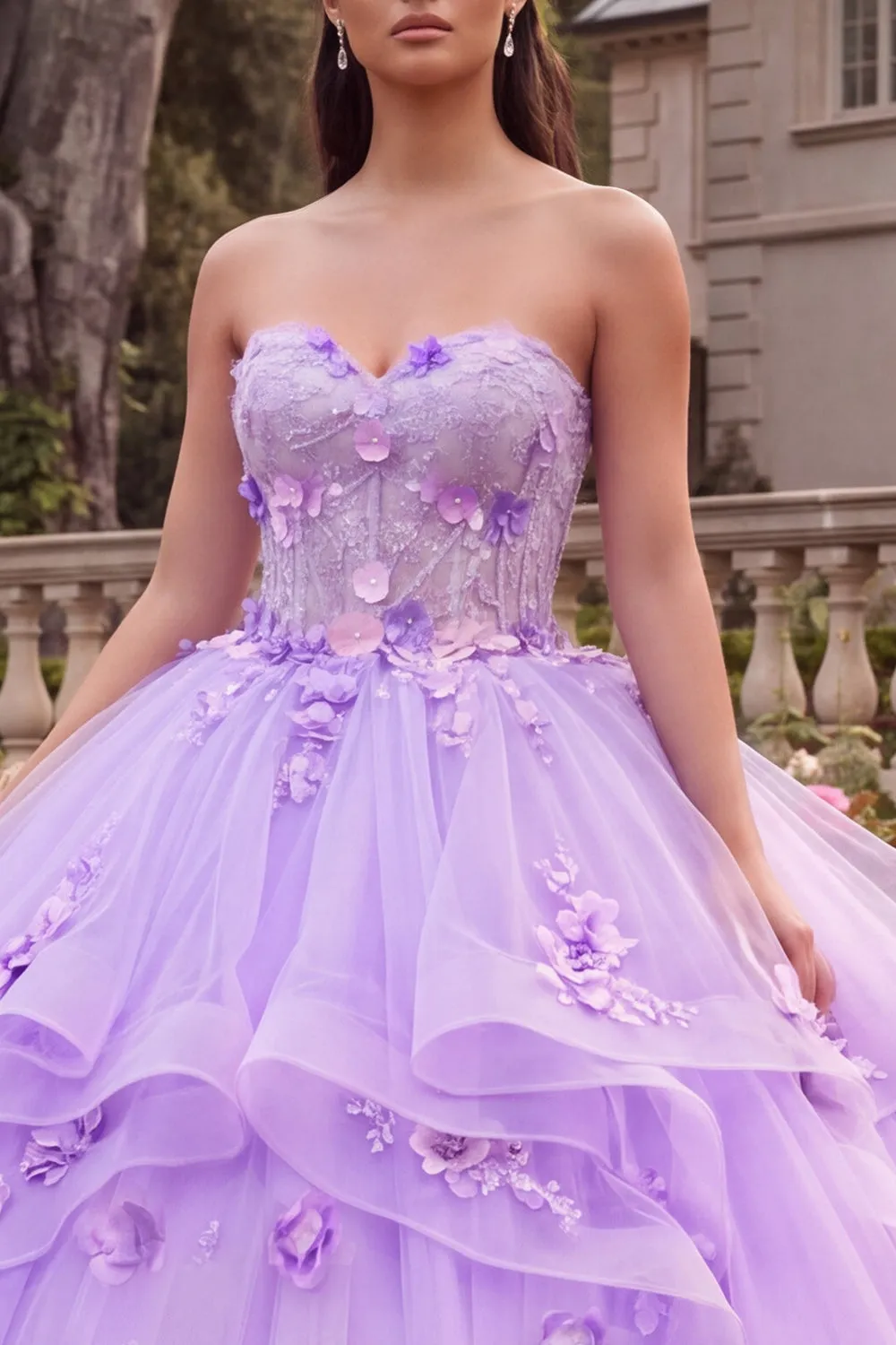Strapless Lilac Ruffled Ball-Gown Quinceanera Dress with 3D Flowers sold by Zapaka product image thumbnail 3