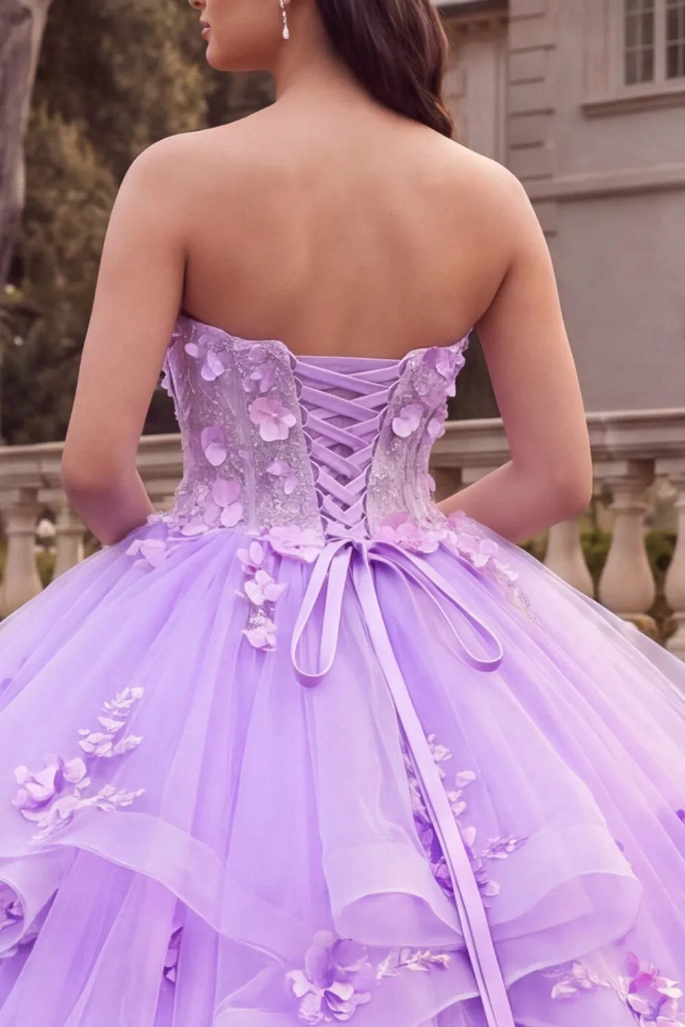 Strapless Lilac Ruffled Ball-Gown Quinceanera Dress with 3D Flowers sold by Zapaka product image thumbnail 4