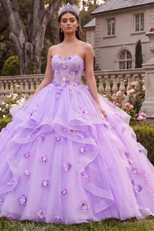 Strapless Lilac Ruffled Ball-Gown Quinceanera Dress with 3D Flowers made by Zapaka