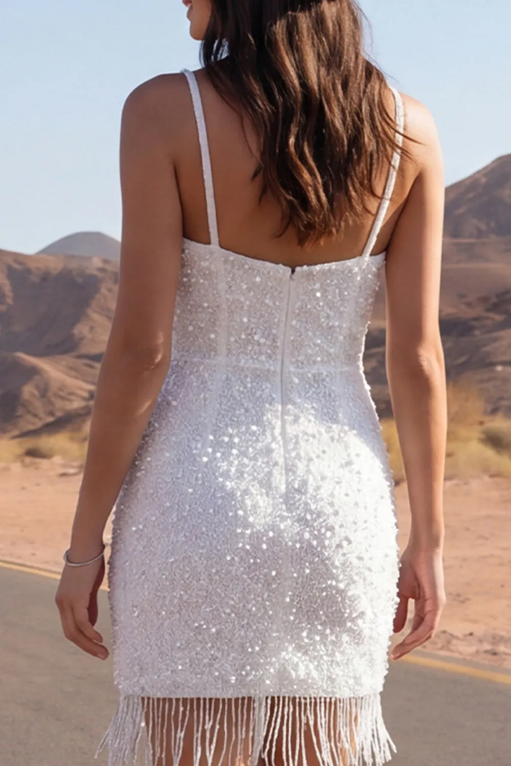 Tight Short Sparkly Ivory Spaghetti Straps Beaded Wedding Dress with Fringes sold by Zapaka product image thumbnail 4