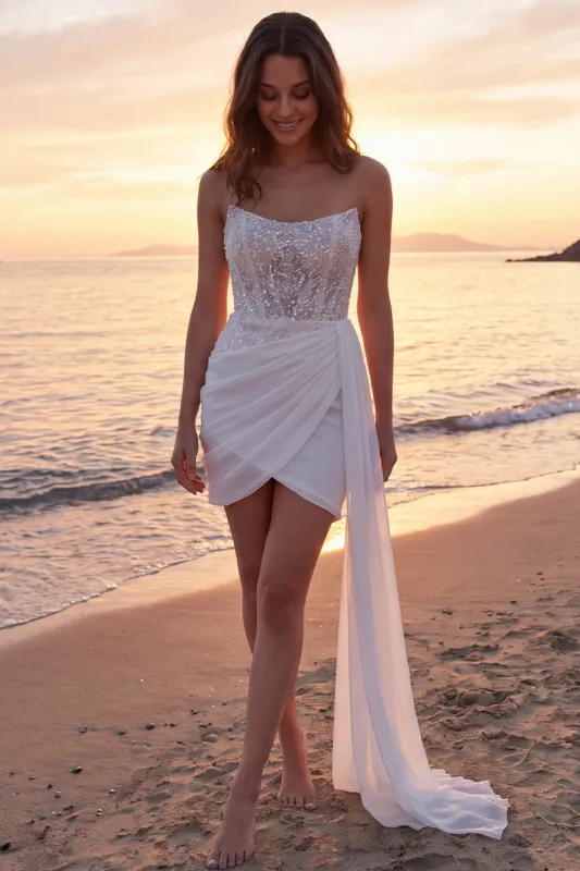 Tight Short Sparkly Ivory Strapless Corset Beaded Wedding Dress with Side Cape made by Zapaka
