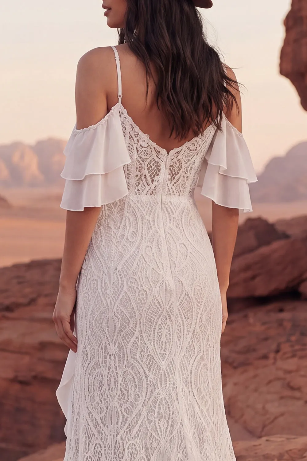 Cold Shoulder Lace Ivory Mermaid Ruffled Boho Wedding Dress sold by Zapaka product image thumbnail 4