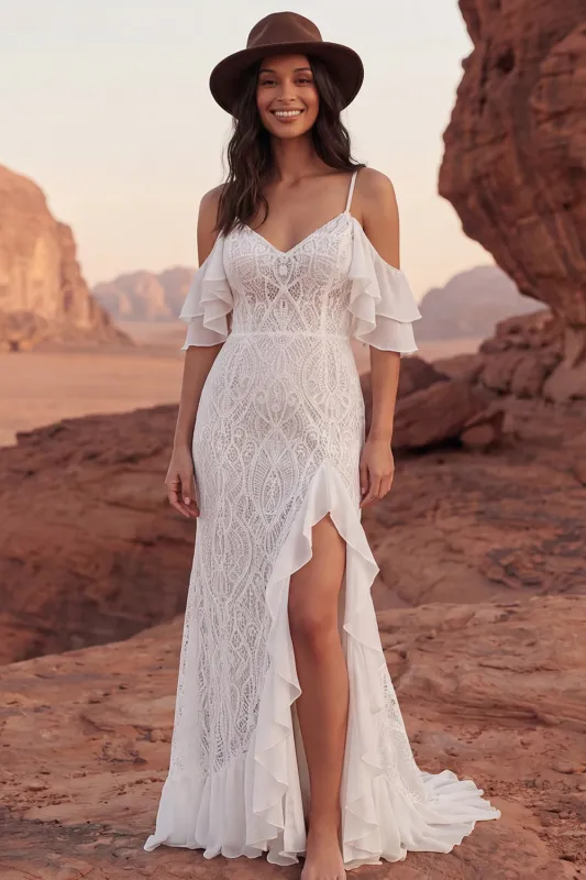 Cold Shoulder Lace Ivory Mermaid Ruffled Boho Wedding Dress made by Zapaka