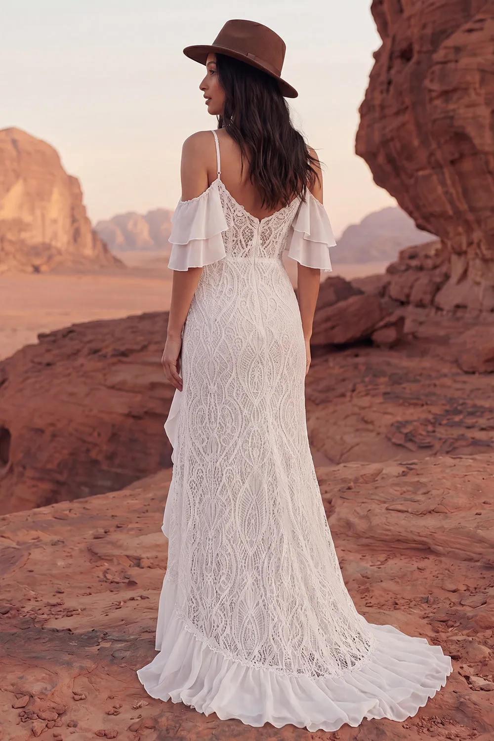 Cold Shoulder Lace Ivory Mermaid Ruffled Boho Wedding Dress sold by Zapaka product image thumbnail 2