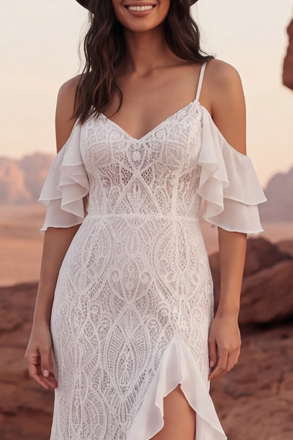 Cold Shoulder Lace Ivory Mermaid Ruffled Boho Wedding Dress sold by Zapaka product image thumbnail 3