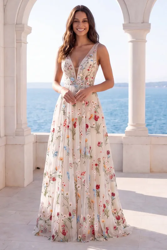 Ivory Floral A Line V Neck Wedding Dress made by Zapaka