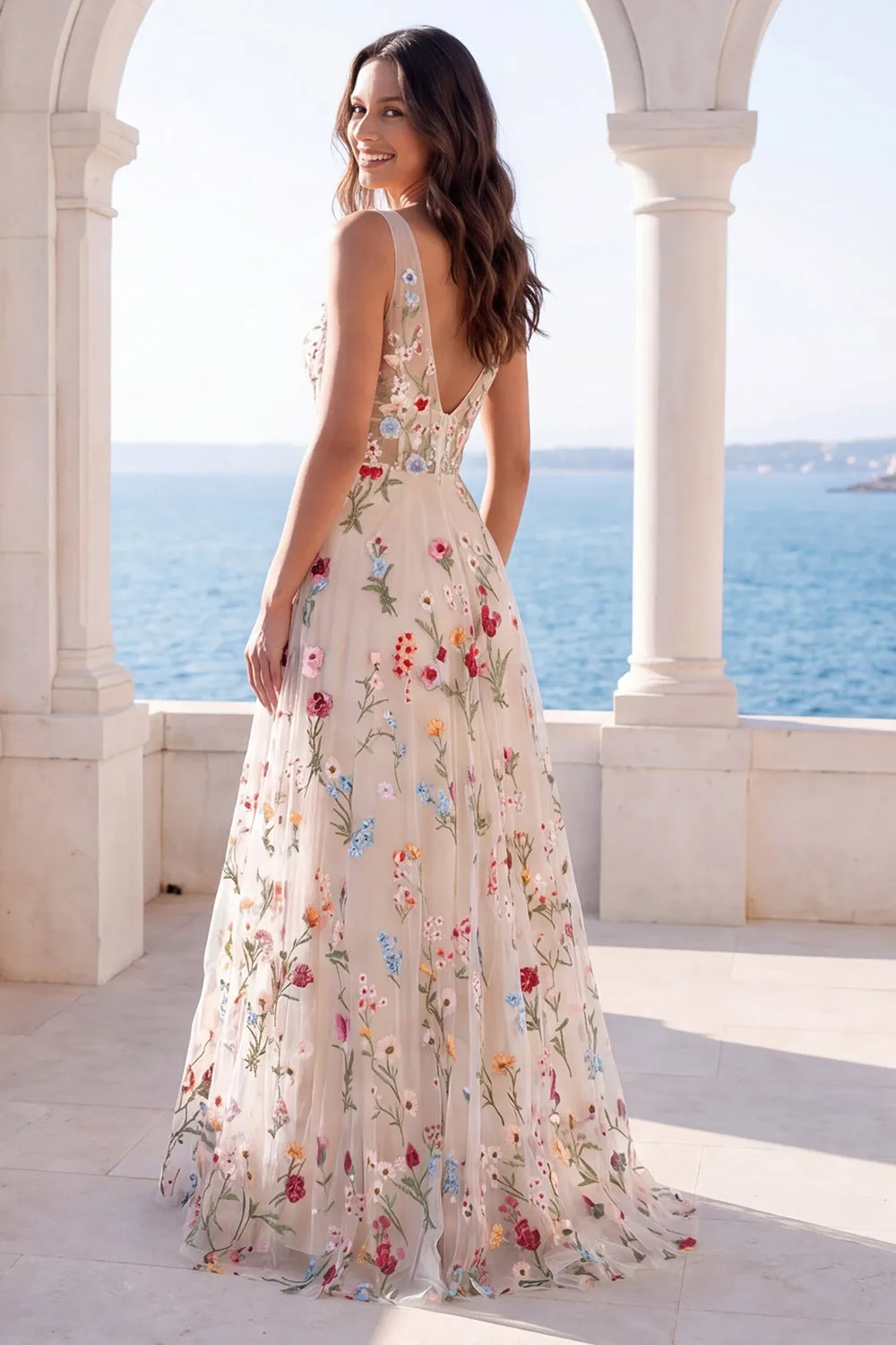 Ivory Floral A Line V Neck Wedding Dress sold by Zapaka product image thumbnail 2