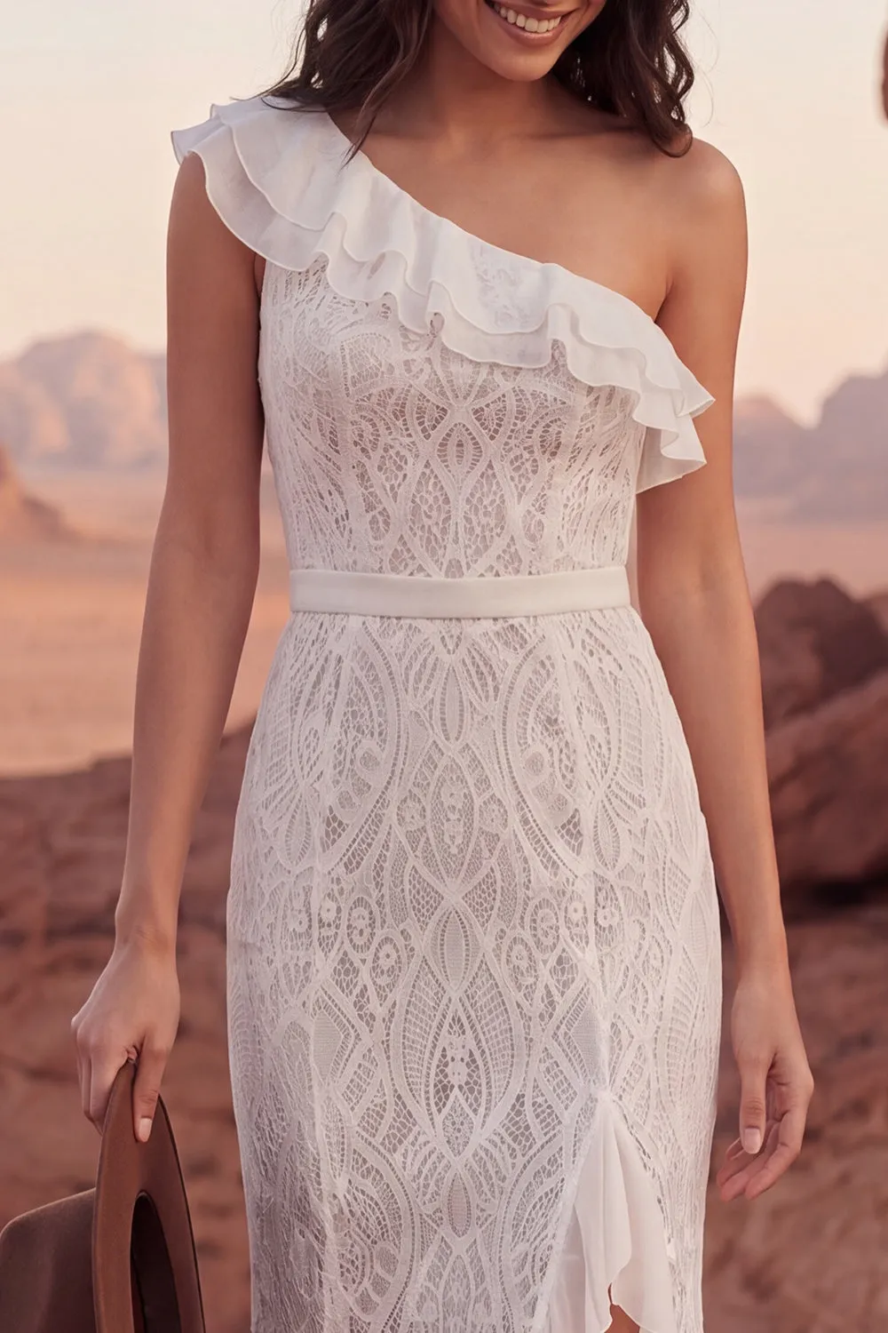 One Shoulder Lace Ivory Mermaid Ruffled Boho Wedding Dress sold by Zapaka product image thumbnail 3