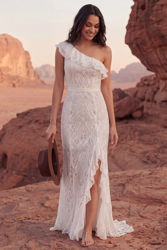 One Shoulder Lace Ivory Mermaid Ruffled Boho Wedding Dress made by Zapaka