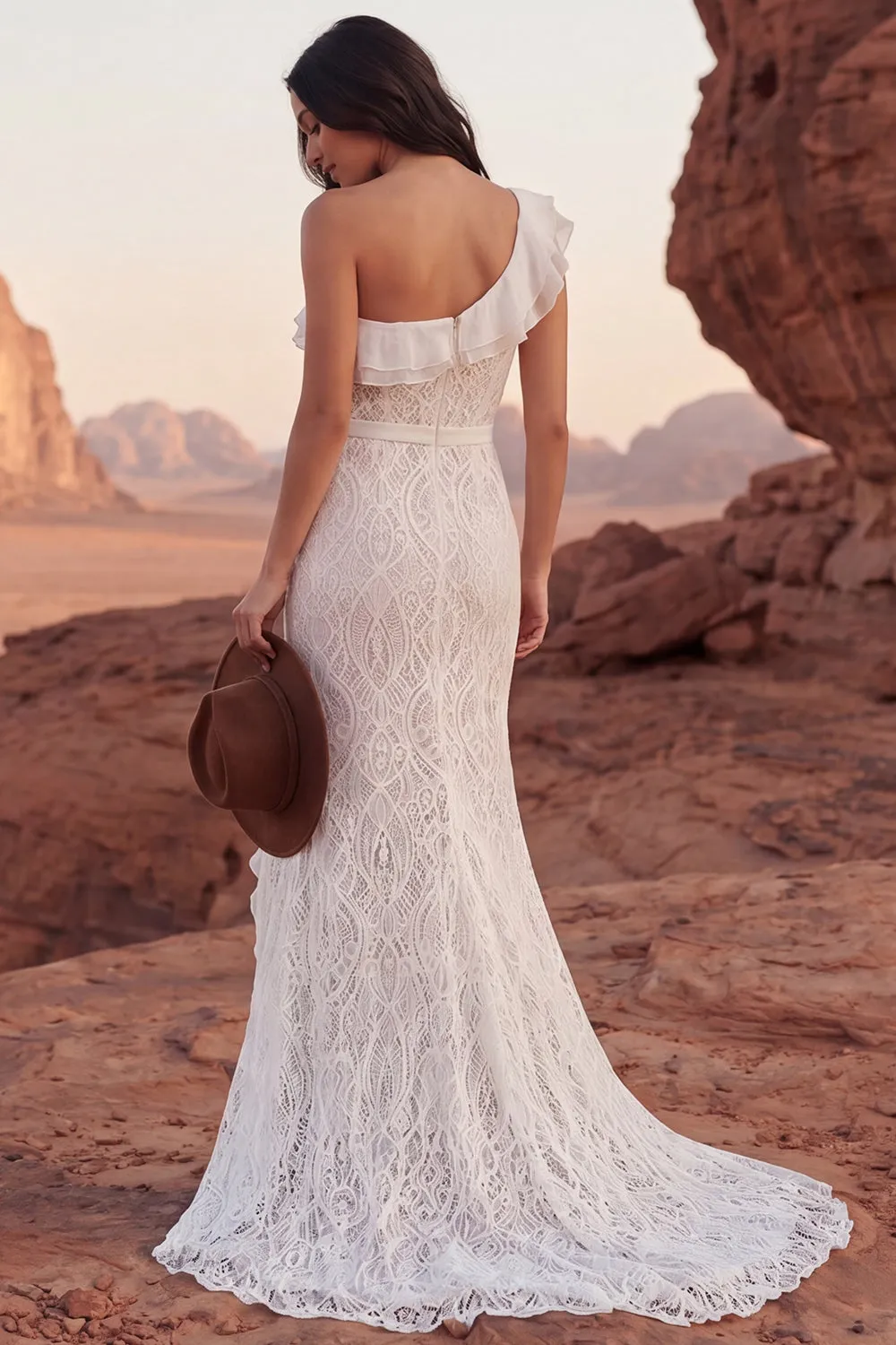 One Shoulder Lace Ivory Mermaid Ruffled Boho Wedding Dress sold by Zapaka product image thumbnail 2