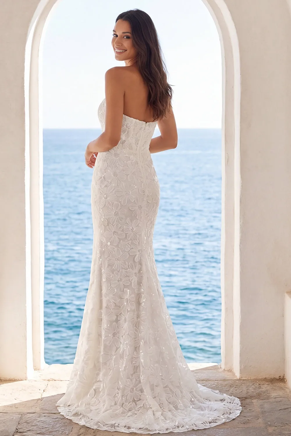 Strapless Ivory Mermaid Floral Sweep Train Wedding Dress sold by Zapaka product image thumbnail 2