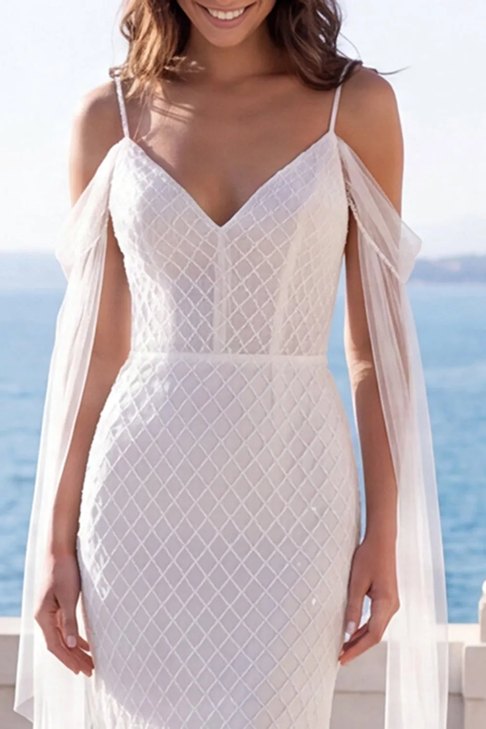 Cold Shoulder Ivory Mermaid Lace Sweep Train Wedding Dress sold by Zapaka product image thumbnail 3