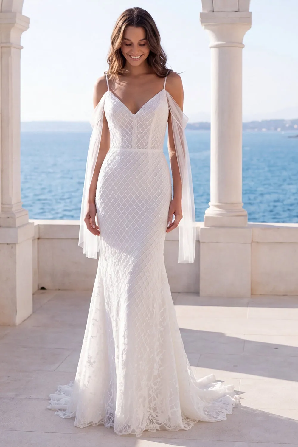 Cold Shoulder Ivory Mermaid Lace Sweep Train Wedding Dress sold by Zapaka