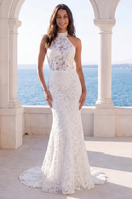 Halter Ivory Mermaid Floral Sweep Train Wedding Dress made by Zapaka