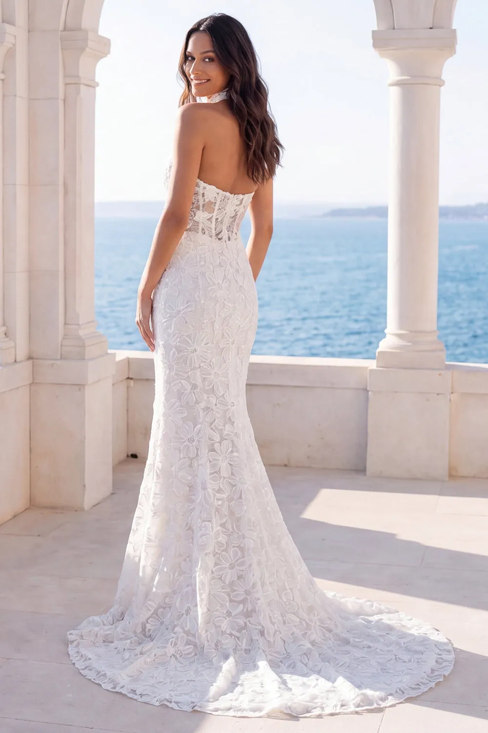 Halter Ivory Mermaid Floral Sweep Train Wedding Dress sold by Zapaka product image thumbnail 2