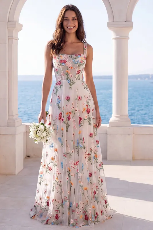 Ivory A Line Square Neck Corset Floral Wedding Dress made by Zapaka