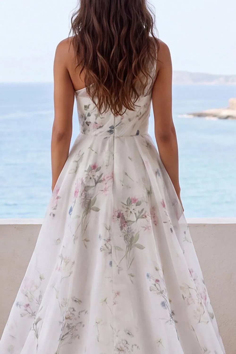 One Shoulder Ivory Printed Floral Mermaid Wedding Dress with Slit sold by Zapaka product image thumbnail 4