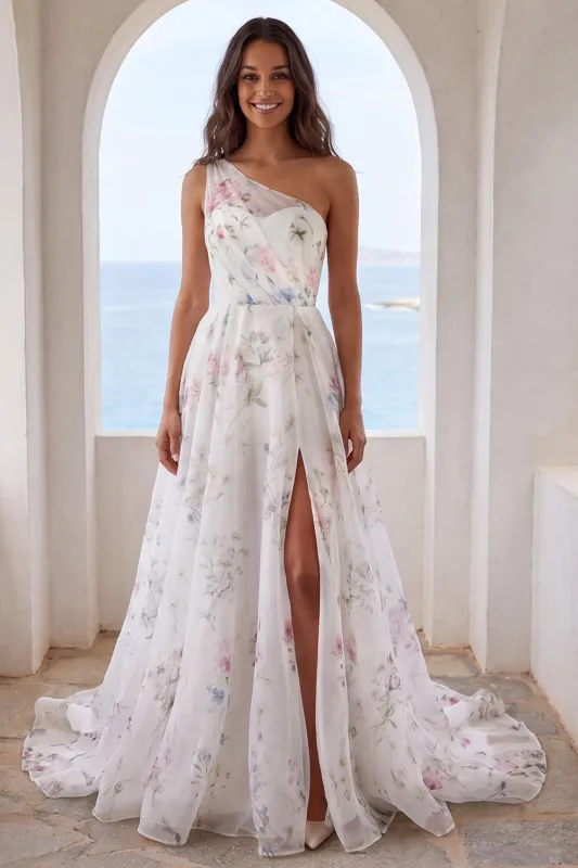 One Shoulder Ivory Printed Floral Mermaid Wedding Dress with Slit made by Zapaka