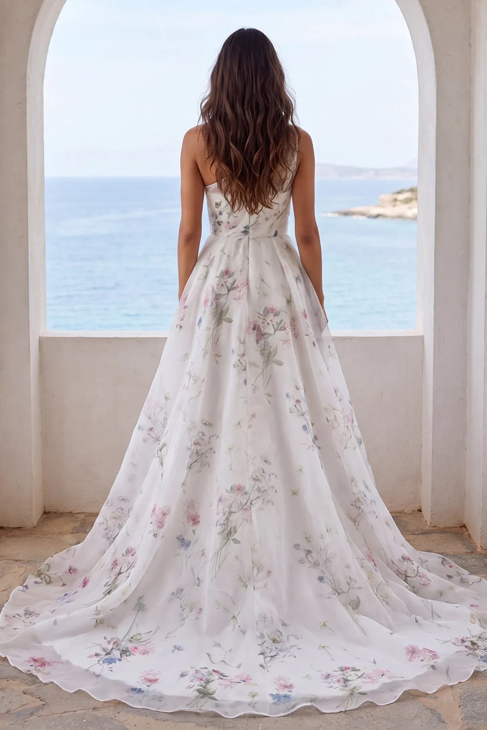 One Shoulder Ivory Printed Floral Mermaid Wedding Dress with Slit sold by Zapaka product image thumbnail 2