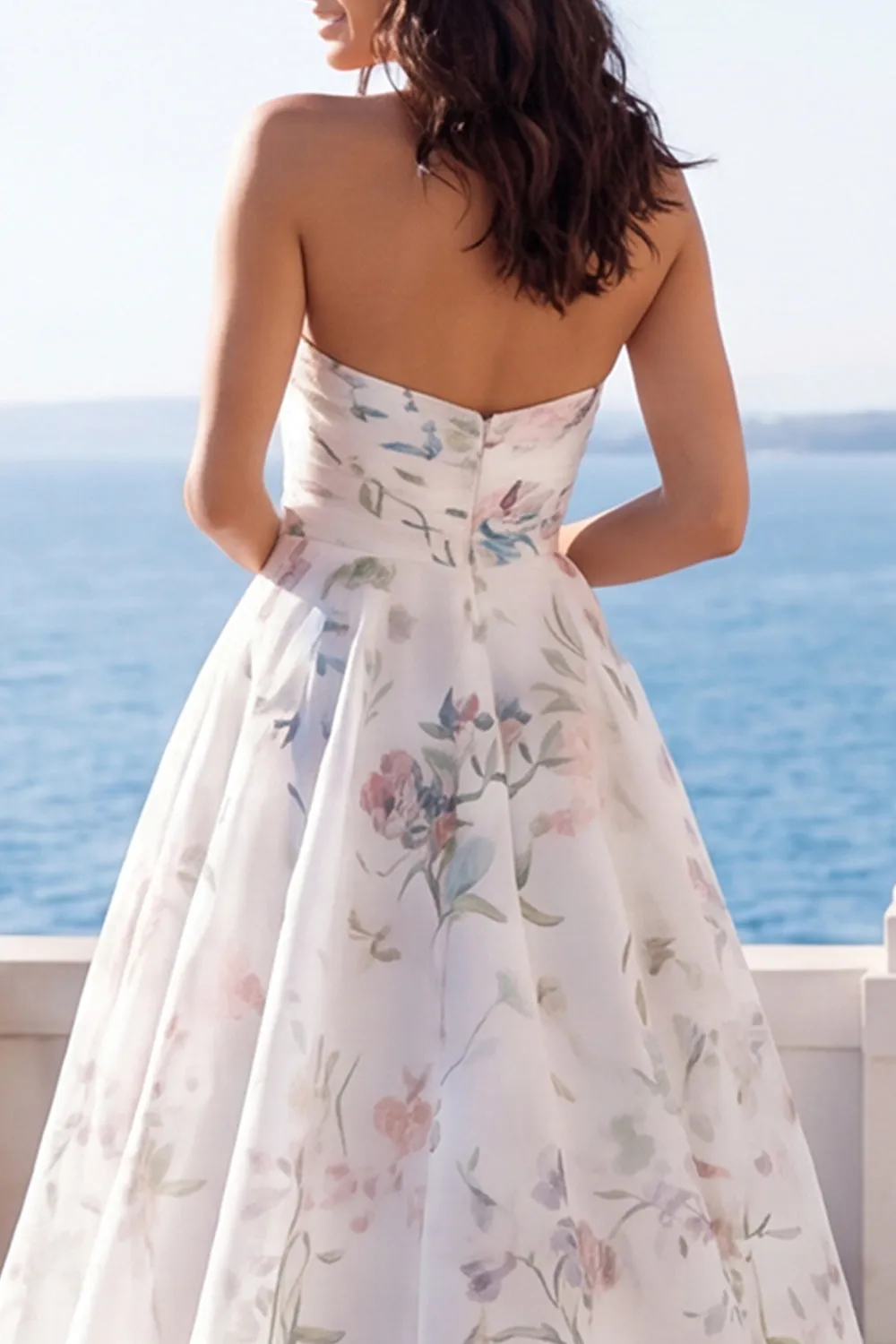 Strapless A Line Ivory Printed Floral Wedding Dress with Chapel Train sold by Zapaka product image thumbnail 4