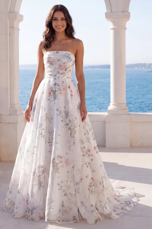 Strapless A Line Ivory Printed Floral Wedding Dress with Chapel Train made by Zapaka