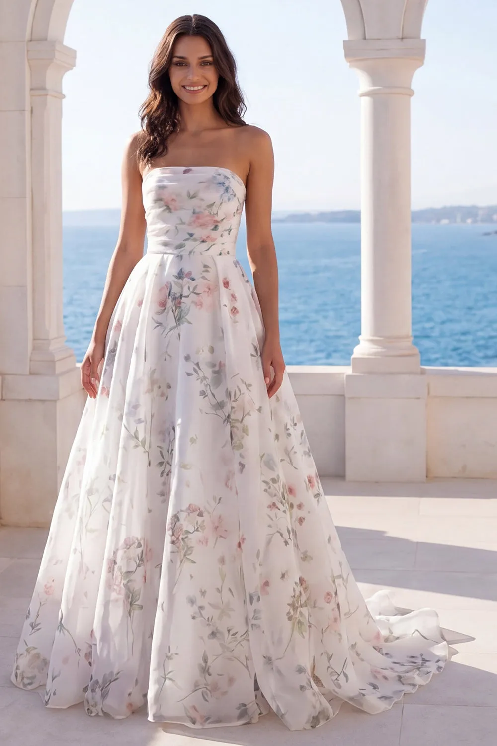 Strapless A Line Ivory Printed Floral Wedding Dress with Chapel Train sold by Zapaka