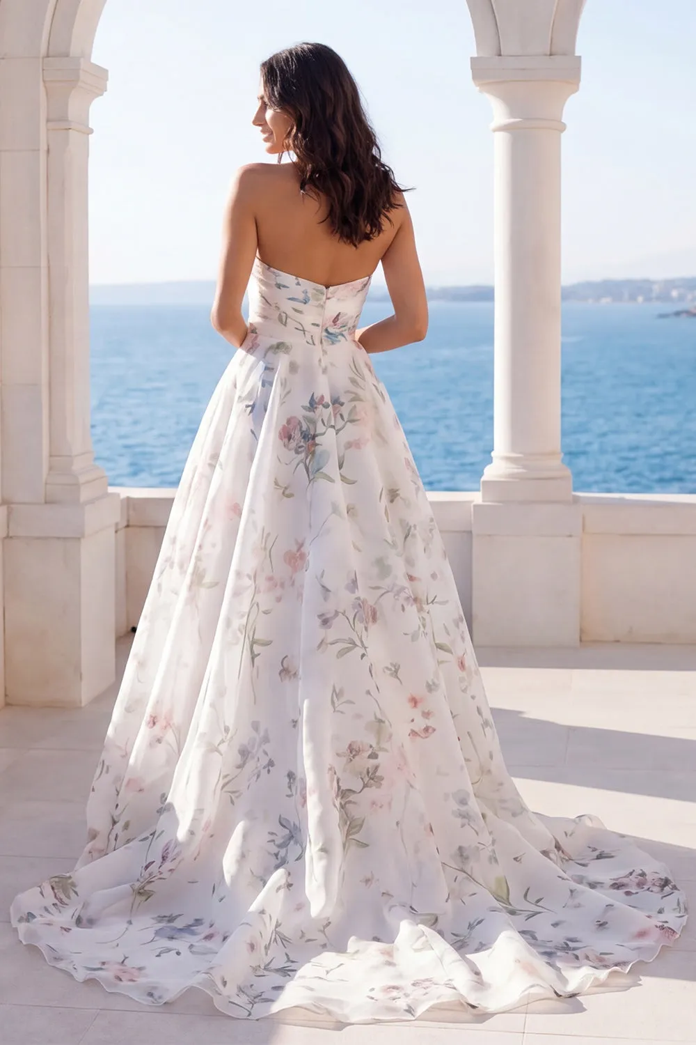 Strapless A Line Ivory Printed Floral Wedding Dress with Chapel Train sold by Zapaka product image thumbnail 2