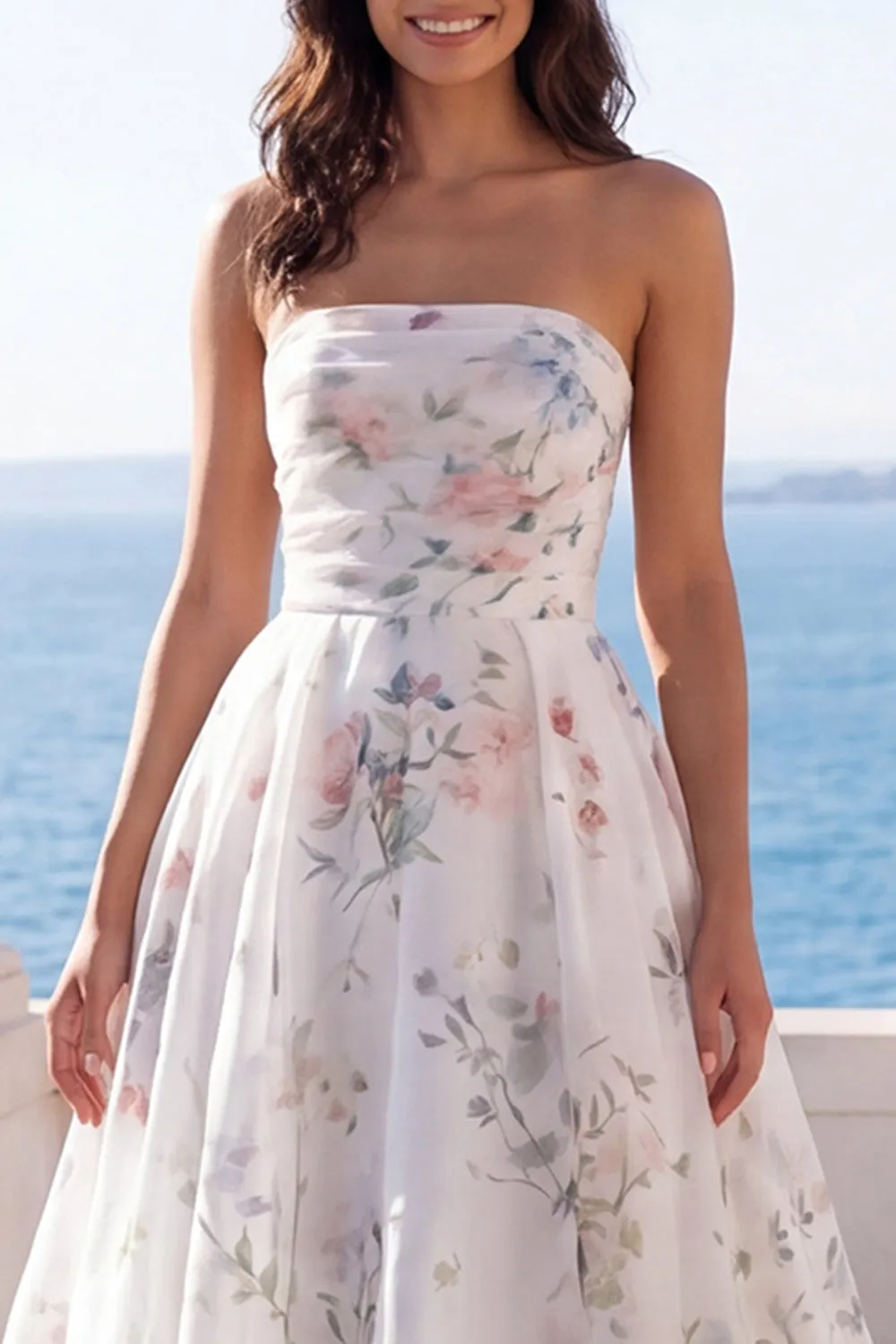 Strapless A Line Ivory Printed Floral Wedding Dress with Chapel Train sold by Zapaka product image thumbnail 3