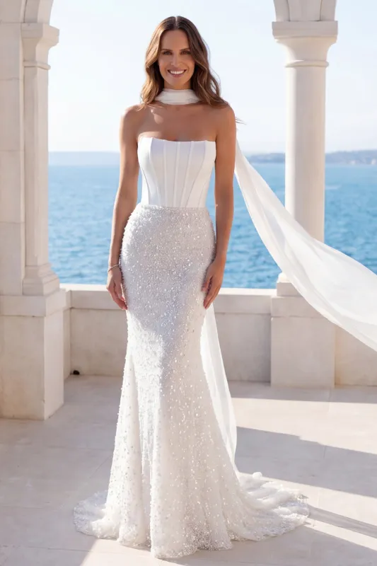 Ivory Strapless Sequin Mermaid Corset Wedding Dress with Scarf made by Zapaka