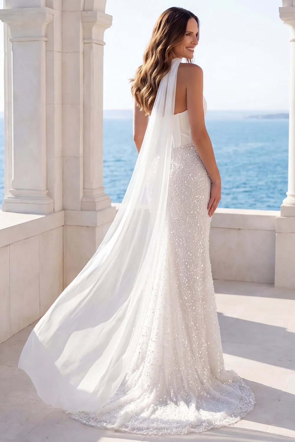 Ivory Strapless Sequin Mermaid Corset Wedding Dress with Scarf sold by Zapaka product image thumbnail 2