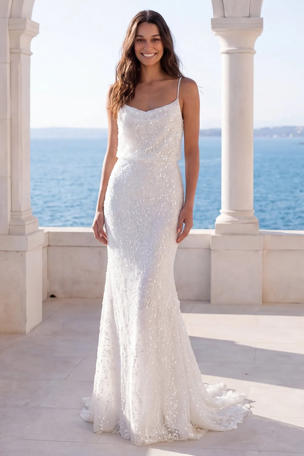 Ivory Sequin Pearls Mermaid Spaghetti Straps Wedding Dress sold by Zapaka