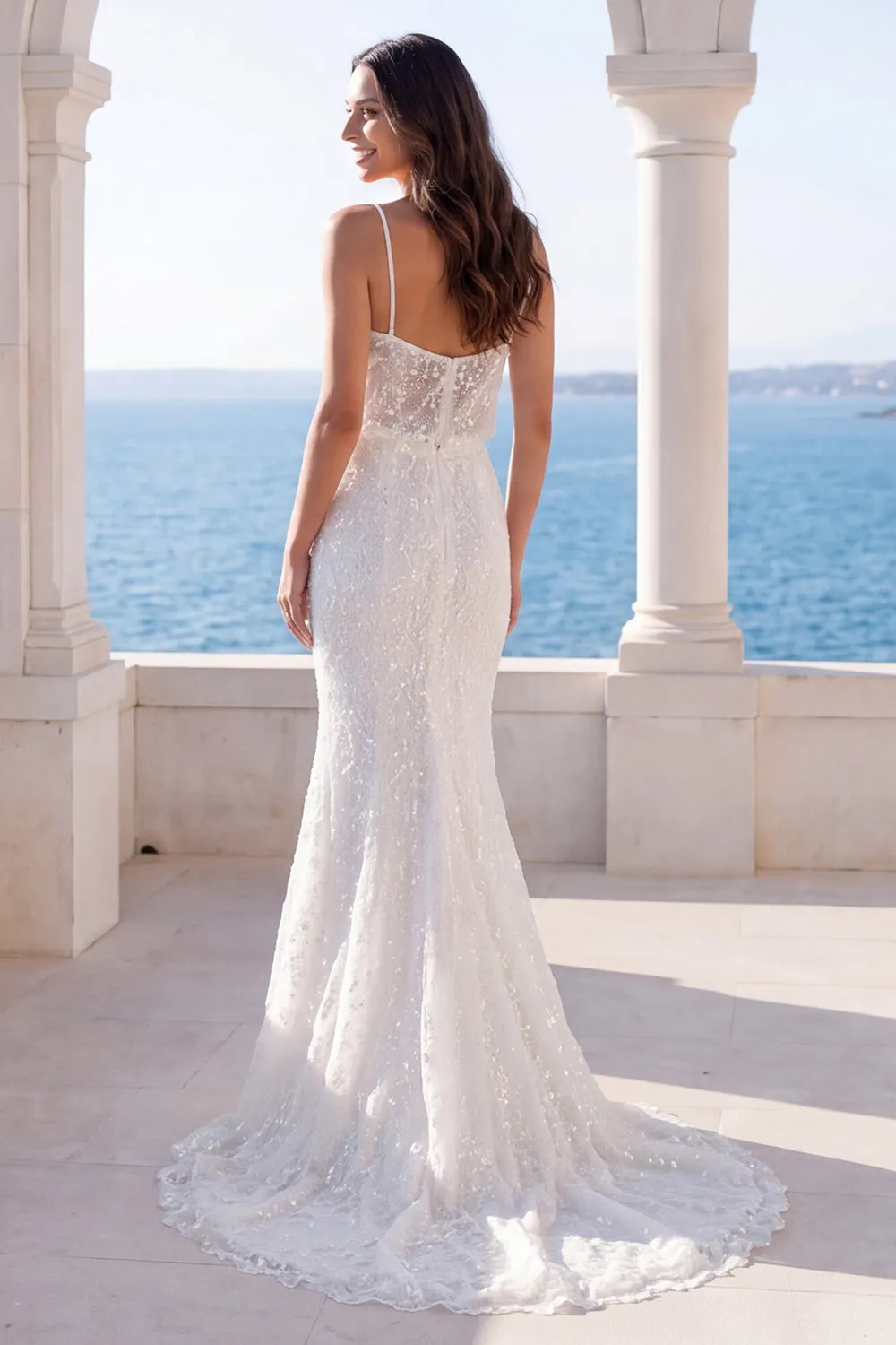 Ivory Sequin Pearls Mermaid Spaghetti Straps Wedding Dress sold by Zapaka product image thumbnail 2