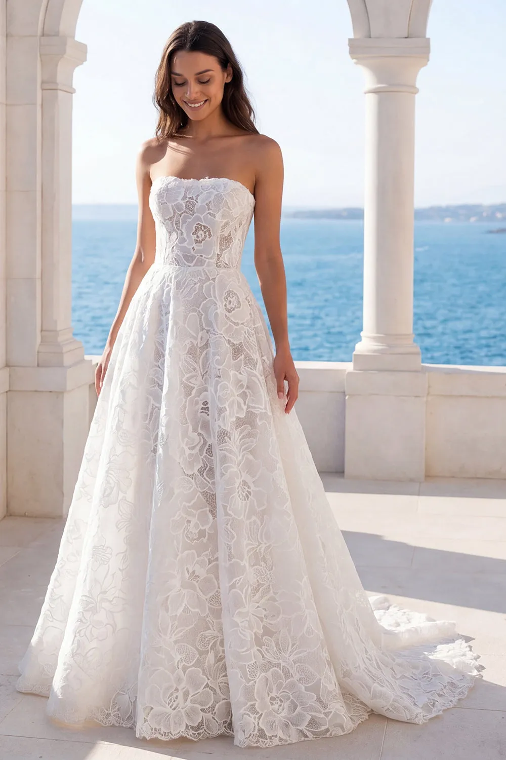 Strapless Floral Lace A Line Wedding Dress sold by Zapaka