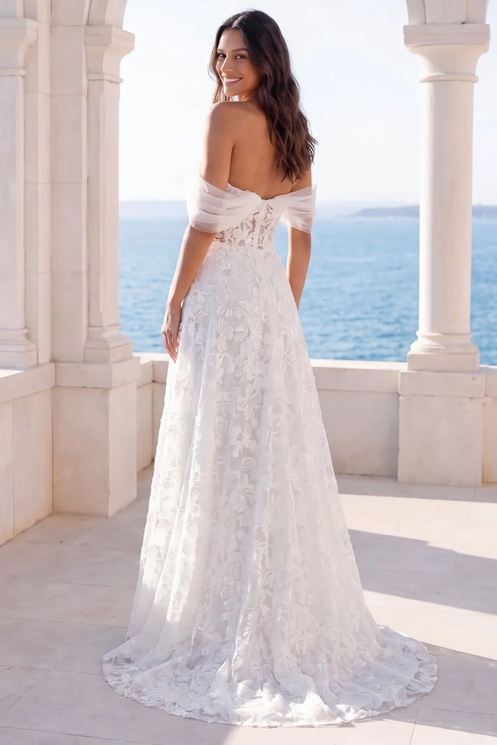 Off the Shoulder Ivory Embroidered FLoral Corset A Line Wedding Dress sold by Zapaka product image thumbnail 2